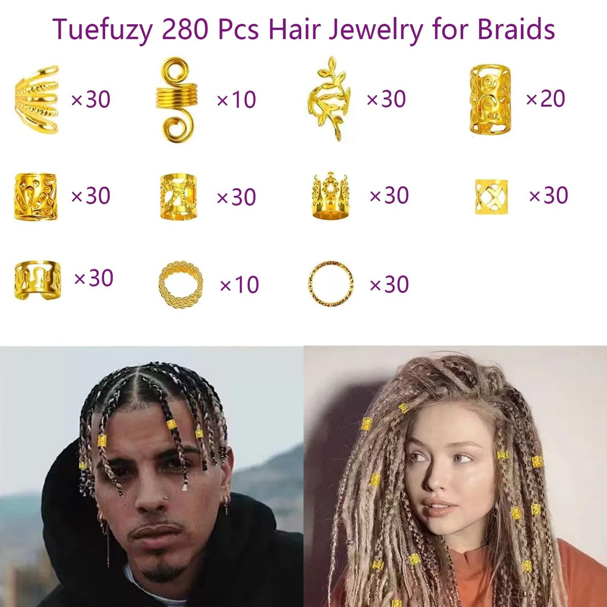 Tuefuzy 280 Pcs Gold Hair Jewelry Braid Set – Metal Hair Rings, Cuffs & Clips for Dreadlock Accessories - görsel 3