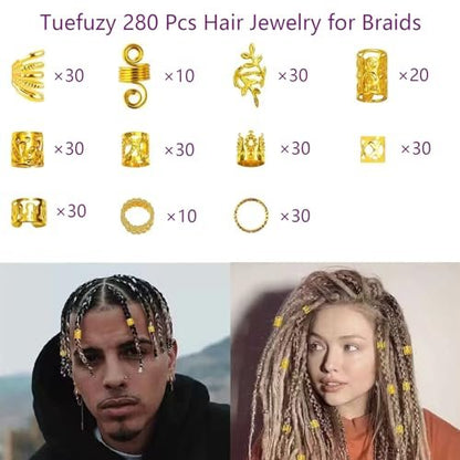 Tuefuzy 280 Pcs Gold Hair Jewelry Braid Set – Metal Hair Rings, Cuffs & Clips for Dreadlock Accessories