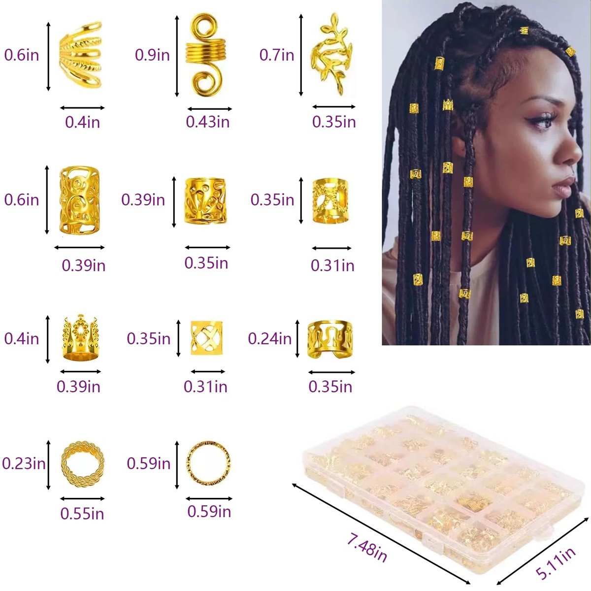 Tuefuzy 280 Pcs Gold Hair Jewelry Braid Set – Metal Hair Rings, Cuffs & Clips for Dreadlock Accessories - görsel 5