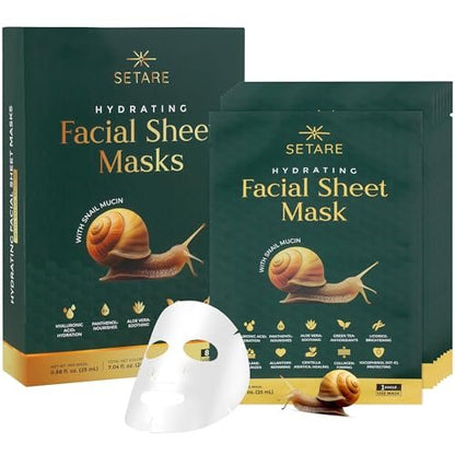 Setare Hydrating Sheet Masks with Snail Mucin, Collagen, Hyaluronic Acid & Premium Botanicals - 8 Pack