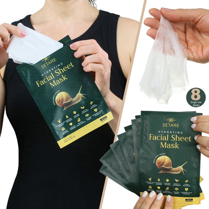 Setare Hydrating Sheet Masks with Snail Mucin, Collagen, Hyaluronic Acid & Premium Botanicals - 8 Pack