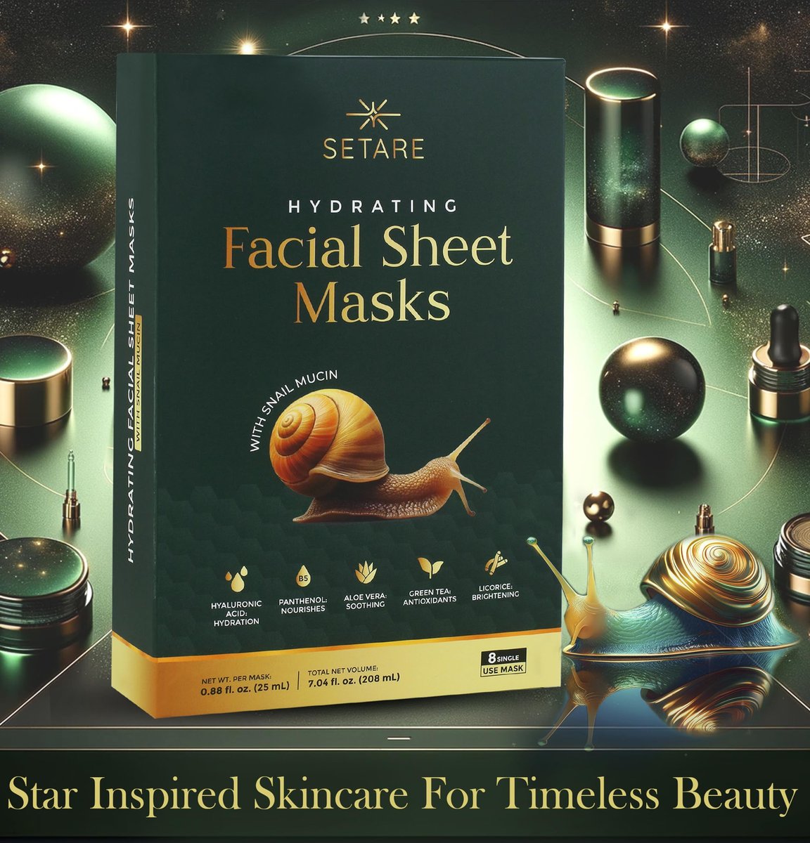 Setare Hydrating Sheet Masks with Snail Mucin, Collagen, Hyaluronic Acid & Premium Botanicals - 8 Pack - görsel 13