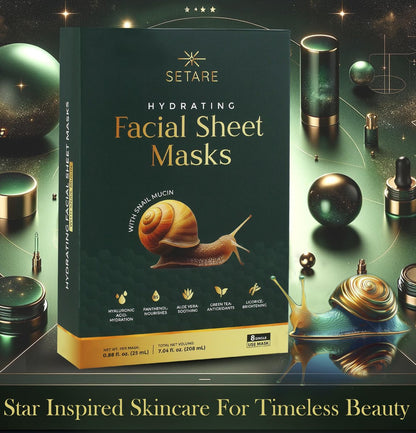 Setare Hydrating Sheet Masks with Snail Mucin, Collagen, Hyaluronic Acid & Premium Botanicals - 8 Pack