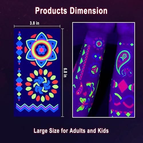 Ozepao 20 Sheets Glow in The Black Light Temporary Tattoos, 160+ Neon UV Glow Fluorescent Designs for Neon Raves, Festivals, Birthday Parties – Glow Party Supplies for Adults and Kids - görsel 9