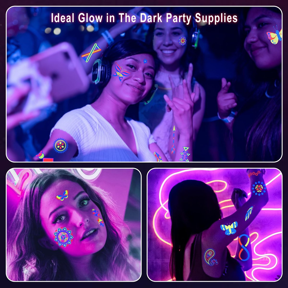 Ozepao 20 Sheets Glow in The Black Light Temporary Tattoos, 160+ Neon UV Glow Fluorescent Designs for Neon Raves, Festivals, Birthday Parties – Glow Party Supplies for Adults and Kids - görsel 12