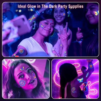Ozepao 20 Sheets Glow in The Black Light Temporary Tattoos, 160+ Neon UV Glow Fluorescent Designs for Neon Raves, Festivals, Birthday Parties – Glow Party Supplies for Adults and Kids