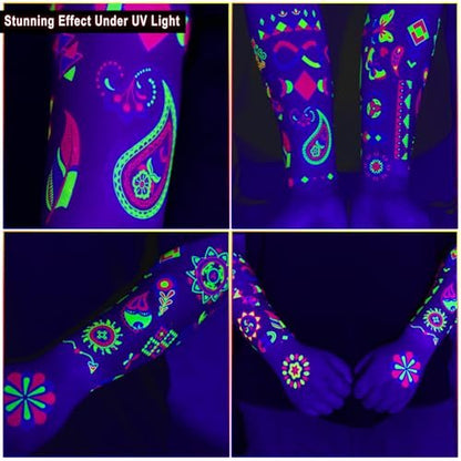 Ozepao 20 Sheets Glow in The Black Light Temporary Tattoos, 160+ Neon UV Glow Fluorescent Designs for Neon Raves, Festivals, Birthday Parties – Glow Party Supplies for Adults and Kids