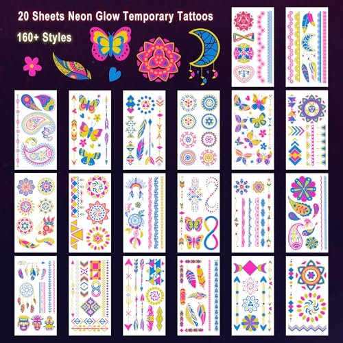 Ozepao 20 Sheets Glow in The Black Light Temporary Tattoos, 160+ Neon UV Glow Fluorescent Designs for Neon Raves, Festivals, Birthday Parties – Glow Party Supplies for Adults and Kids - görsel 3