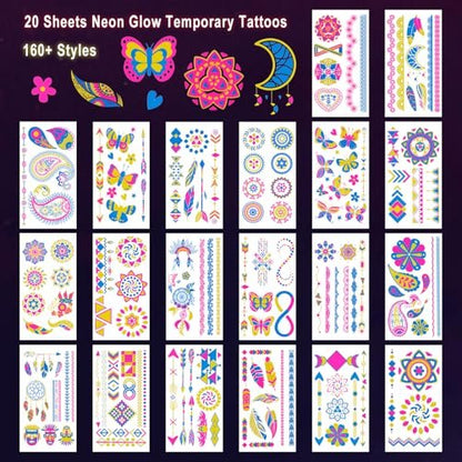 Ozepao 20 Sheets Glow in The Black Light Temporary Tattoos, 160+ Neon UV Glow Fluorescent Designs for Neon Raves, Festivals, Birthday Parties – Glow Party Supplies for Adults and Kids