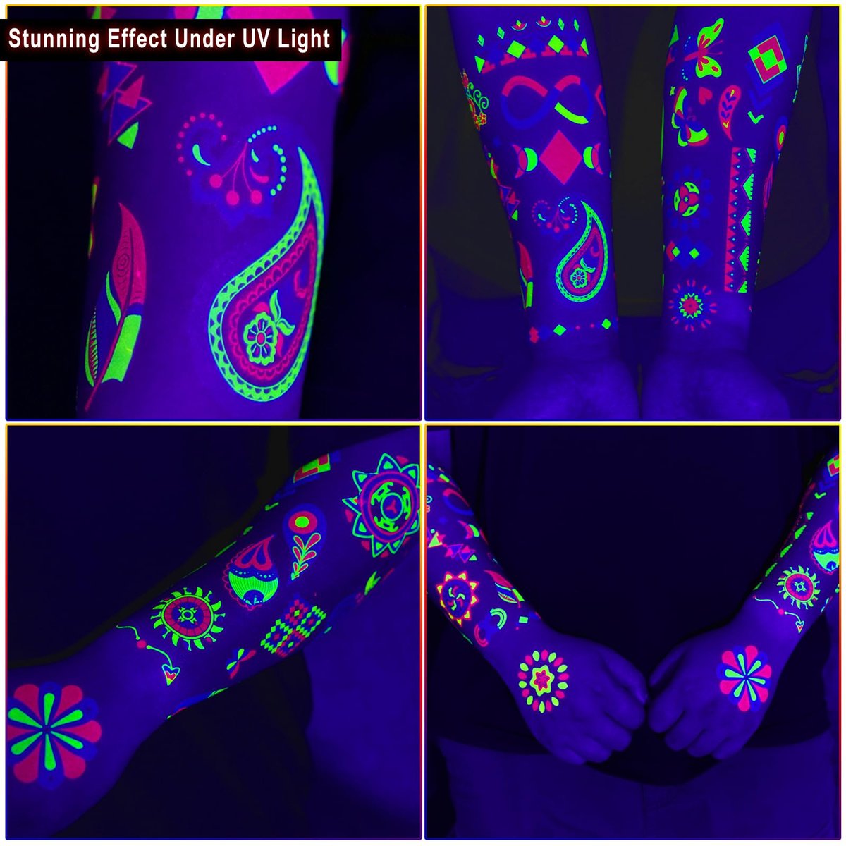 Ozepao 20 Sheets Glow in The Black Light Temporary Tattoos, 160+ Neon UV Glow Fluorescent Designs for Neon Raves, Festivals, Birthday Parties – Glow Party Supplies for Adults and Kids - görsel 8
