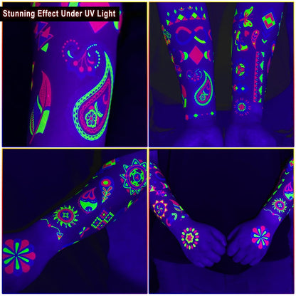 Ozepao 20 Sheets Glow in The Black Light Temporary Tattoos, 160+ Neon UV Glow Fluorescent Designs for Neon Raves, Festivals, Birthday Parties – Glow Party Supplies for Adults and Kids