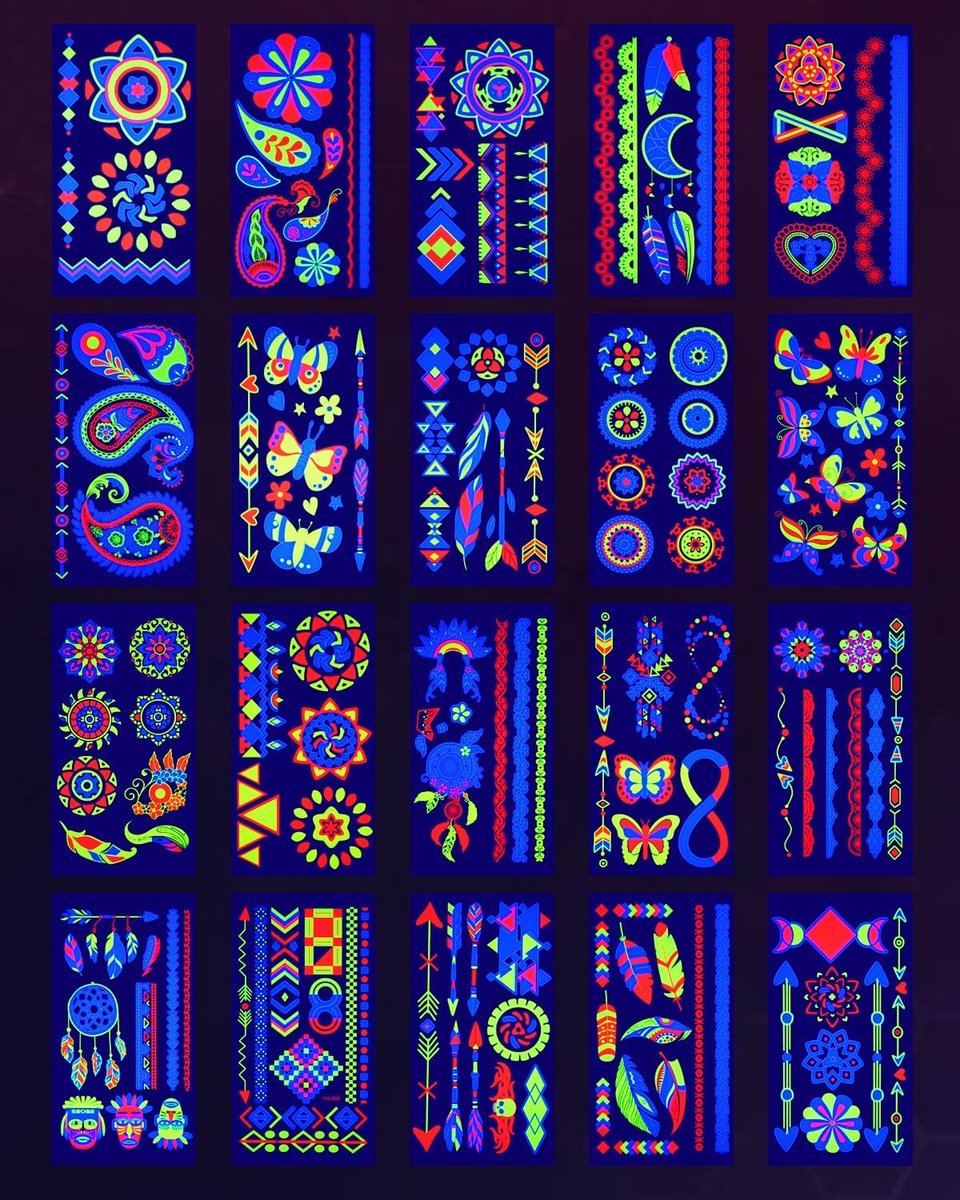 Ozepao 20 Sheets Glow in The Black Light Temporary Tattoos, 160+ Neon UV Glow Fluorescent Designs for Neon Raves, Festivals, Birthday Parties – Glow Party Supplies for Adults and Kids - görsel 2