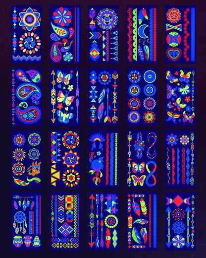 Ozepao 20 Sheets Glow in The Black Light Temporary Tattoos, 160+ Neon UV Glow Fluorescent Designs for Neon Raves, Festivals, Birthday Parties – Glow Party Supplies for Adults and Kids