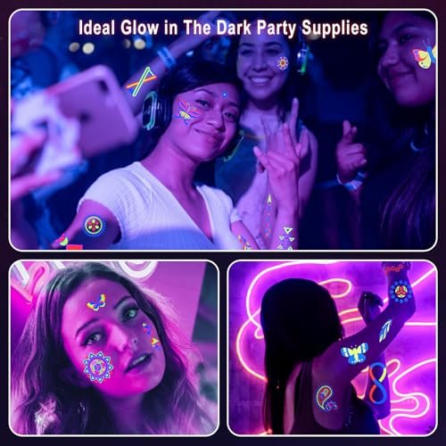 Ozepao 20 Sheets Glow in The Black Light Temporary Tattoos, 160+ Neon UV Glow Fluorescent Designs for Neon Raves, Festivals, Birthday Parties – Glow Party Supplies for Adults and Kids - görsel 11