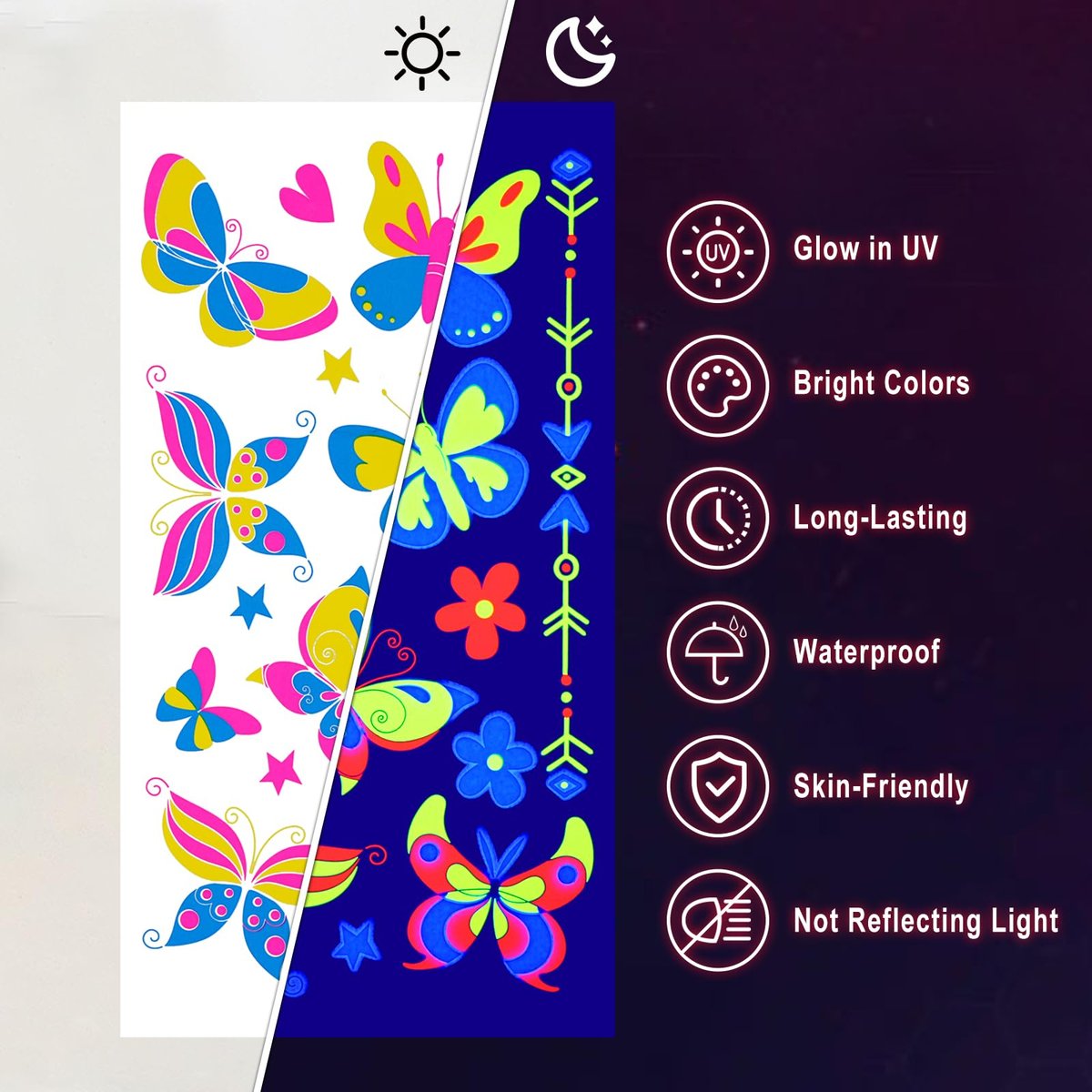 Ozepao 20 Sheets Glow in The Black Light Temporary Tattoos, 160+ Neon UV Glow Fluorescent Designs for Neon Raves, Festivals, Birthday Parties – Glow Party Supplies for Adults and Kids - görsel 6