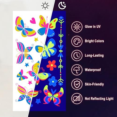Ozepao 20 Sheets Glow in The Black Light Temporary Tattoos, 160+ Neon UV Glow Fluorescent Designs for Neon Raves, Festivals, Birthday Parties – Glow Party Supplies for Adults and Kids - görsel 5