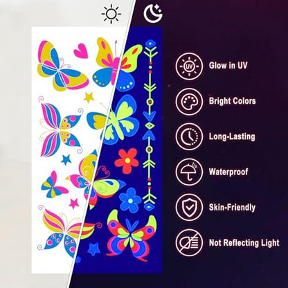Ozepao 20 Sheets Glow in The Black Light Temporary Tattoos, 160+ Neon UV Glow Fluorescent Designs for Neon Raves, Festivals, Birthday Parties – Glow Party Supplies for Adults and Kids