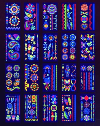 Ozepao 20 Sheets Glow in The Black Light Temporary Tattoos, 160+ Neon UV Glow Fluorescent Designs for Neon Raves, Festivals, Birthday Parties – Glow Party Supplies for Adults and Kids