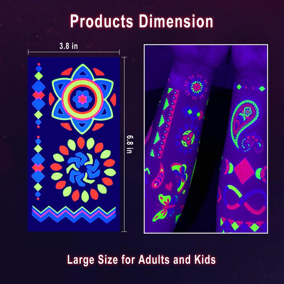 Ozepao 20 Sheets Glow in The Black Light Temporary Tattoos, 160+ Neon UV Glow Fluorescent Designs for Neon Raves, Festivals, Birthday Parties – Glow Party Supplies for Adults and Kids - görsel 10
