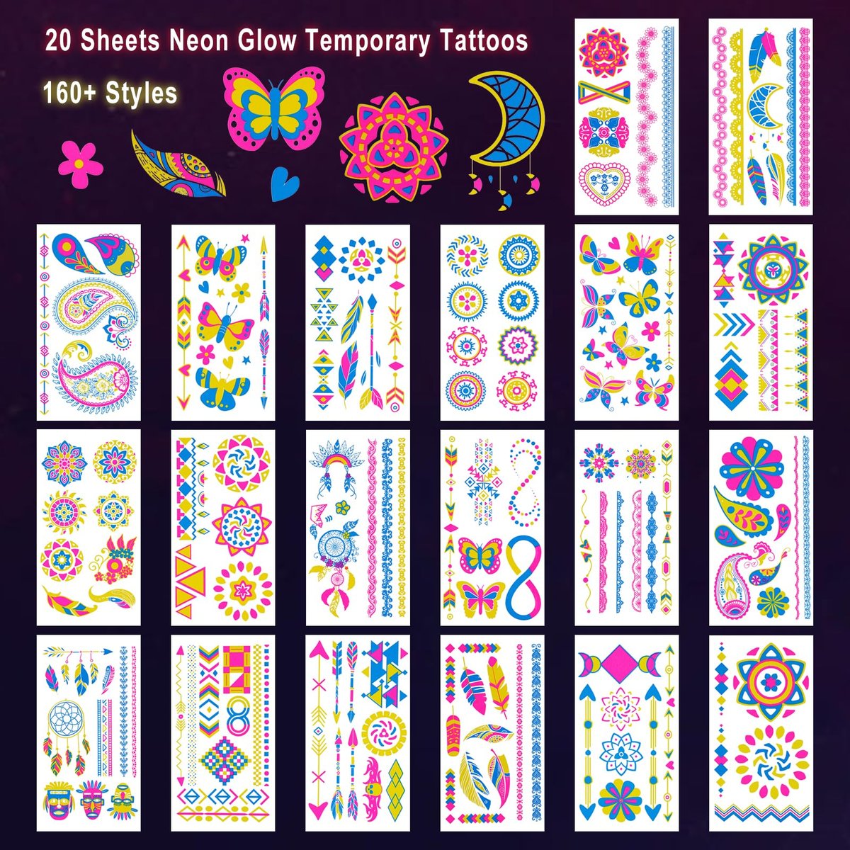 Ozepao 20 Sheets Glow in The Black Light Temporary Tattoos, 160+ Neon UV Glow Fluorescent Designs for Neon Raves, Festivals, Birthday Parties – Glow Party Supplies for Adults and Kids - görsel 4