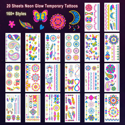 Ozepao 20 Sheets Glow in The Black Light Temporary Tattoos, 160+ Neon UV Glow Fluorescent Designs for Neon Raves, Festivals, Birthday Parties – Glow Party Supplies for Adults and Kids