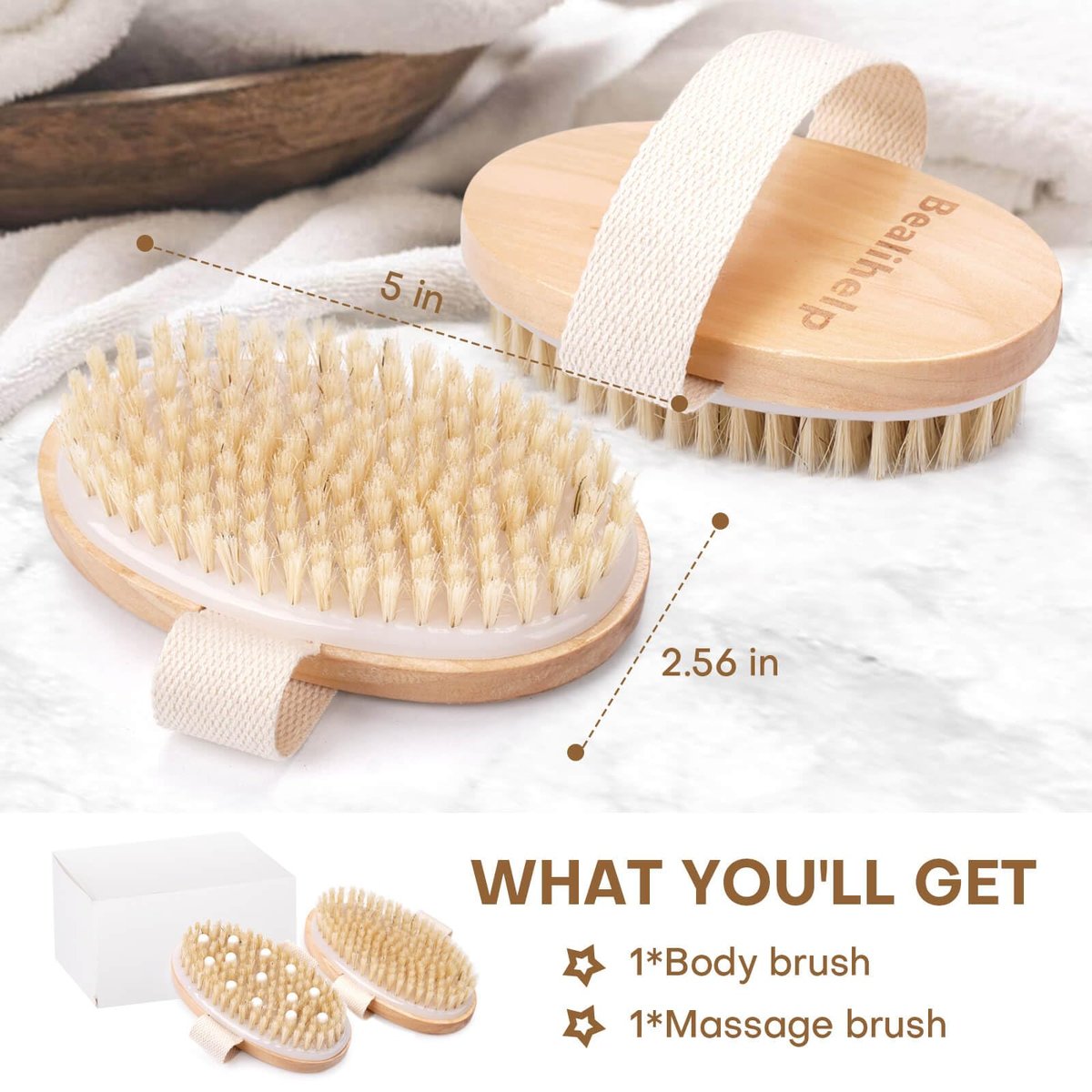 2 Pack Dry Brushing Body Brush - Natural Bristle Exfoliating Brush with Massage Nodes for Lymphatic Drainage, Cellulite Reduction, and Acne Relief - görsel 3