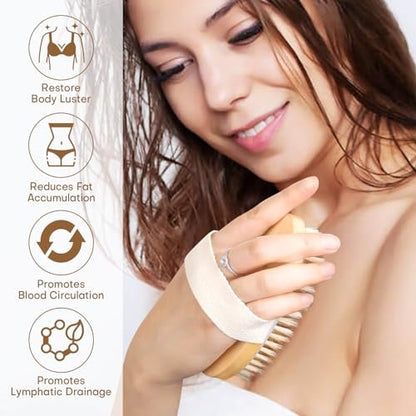 2 Pack Dry Brushing Body Brush - Natural Bristle Exfoliating Brush with Massage Nodes for Lymphatic Drainage, Cellulite Reduction, and Acne Relief