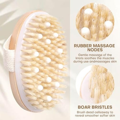 2 Pack Dry Brushing Body Brush - Natural Bristle Exfoliating Brush with Massage Nodes for Lymphatic Drainage, Cellulite Reduction, and Acne Relief