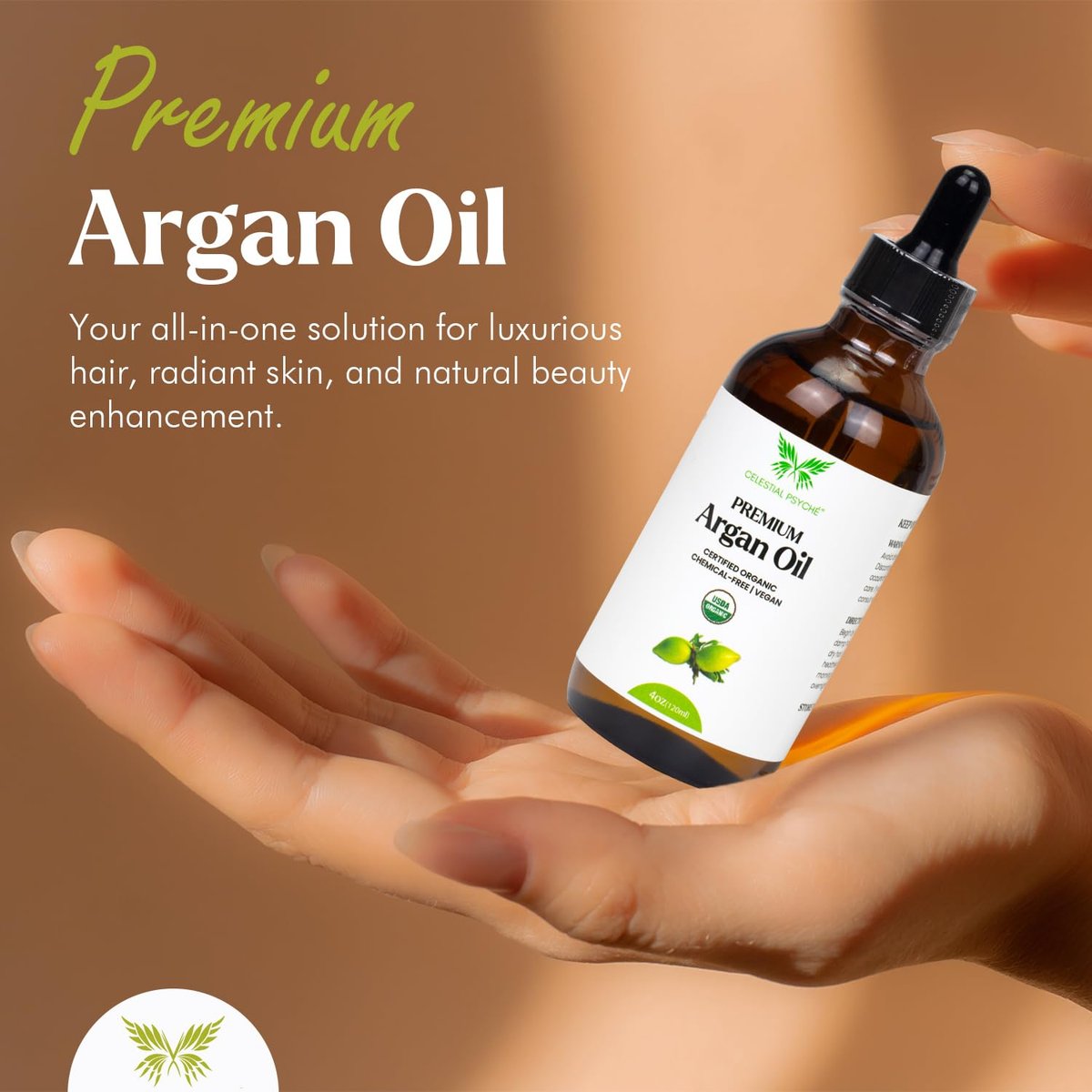 Celestial Psyché USDA Certified Organic Argan Oil – 100% Pure, Natural, Hexane-Free for Hair Growth, Scalp Care & Skin Hydration (4 oz) Avelisse