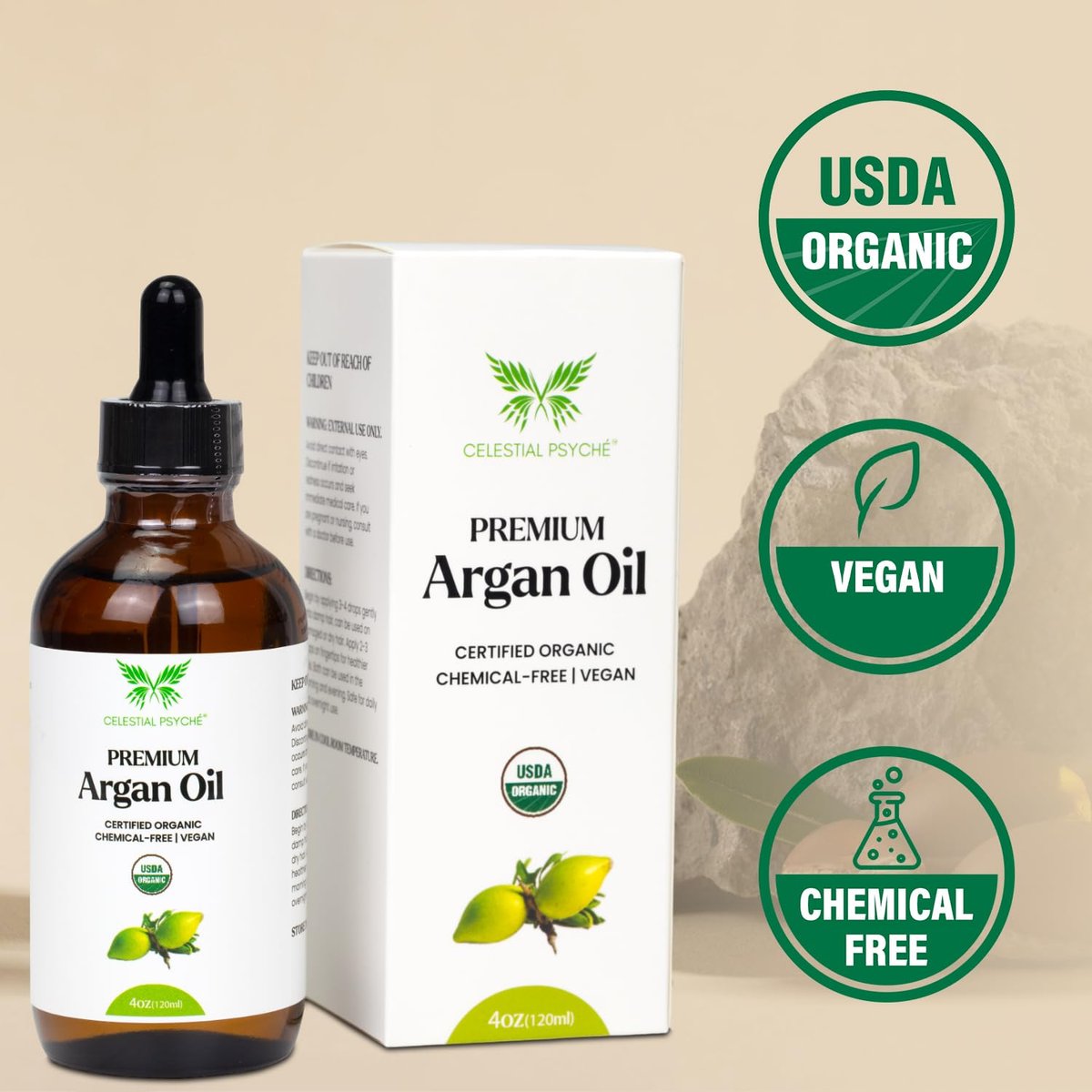 Celestial Psyché USDA Certified Organic Argan Oil – 100% Pure, Natural, Hexane-Free for Hair Growth, Scalp Care & Skin Hydration (4 oz) Avelisse