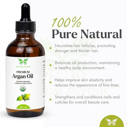 Celestial Psyché USDA Certified Organic Argan Oil – 100% Pure, Natural, Hexane-Free for Hair Growth, Scalp Care & Skin Hydration (4 oz) Avelisse