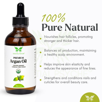 Celestial Psyché USDA Certified Organic Argan Oil – 100% Pure, Natural, Hexane-Free for Hair Growth, Scalp Care & Skin Hydration (4 oz) Avelisse