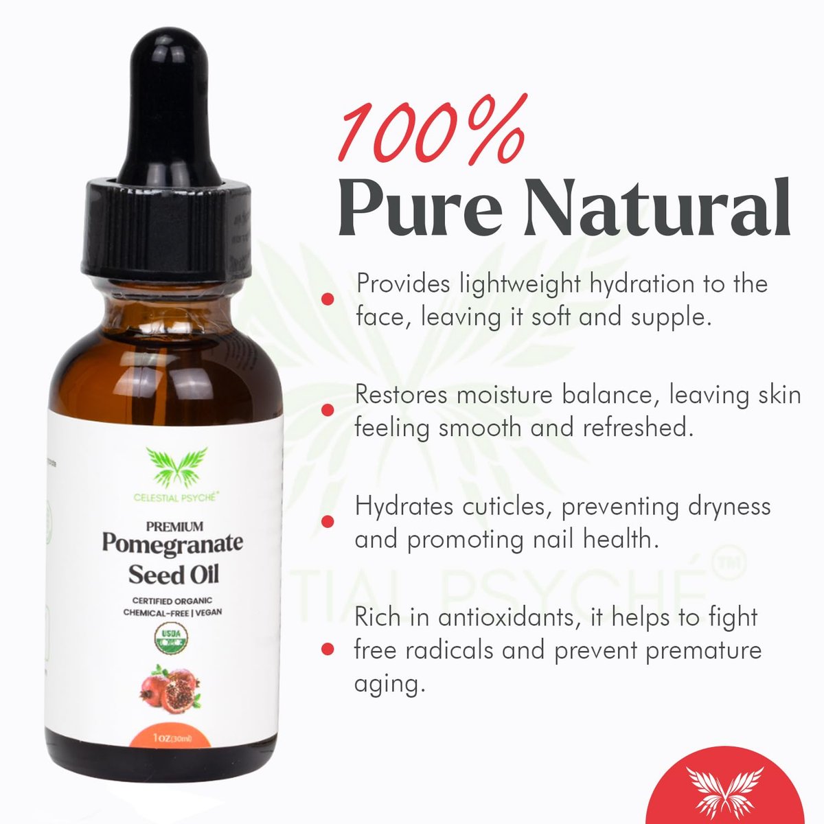 Celestial Psyché USDA Certified Organic Pomegranate Seed Oil – 100% Pure Natural Face Moisturizer for Hydration & Nail Beauty Enhancement (1 oz) - görsel 3