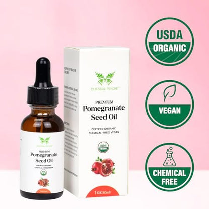Celestial Psyché USDA Certified Organic Pomegranate Seed Oil – 100% Pure Natural Face Moisturizer for Hydration & Nail Beauty Enhancement (1 oz)