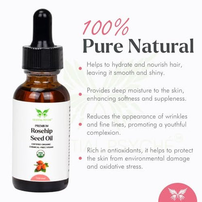 Celestial Psyché USDA Certified Organic Rosehip Seed Oil - 100% Pure, Natural Face Oil for Hydration, Anti-Aging & Antioxidants (1 oz)