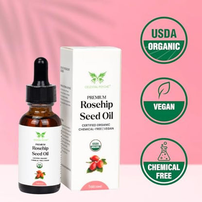 Celestial Psyché USDA Certified Organic Rosehip Seed Oil - 100% Pure, Natural Face Oil for Hydration, Anti-Aging & Antioxidants (1 oz)