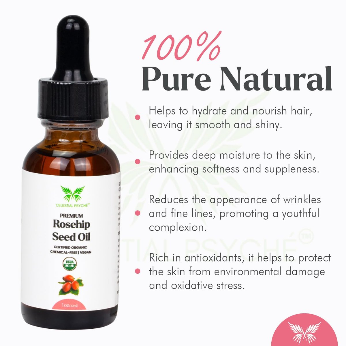 Celestial Psyché USDA Certified Organic Rosehip Seed Oil - 100% Pure, Natural Face Oil for Hydration, Anti-Aging & Antioxidants (1 oz) - görsel 3