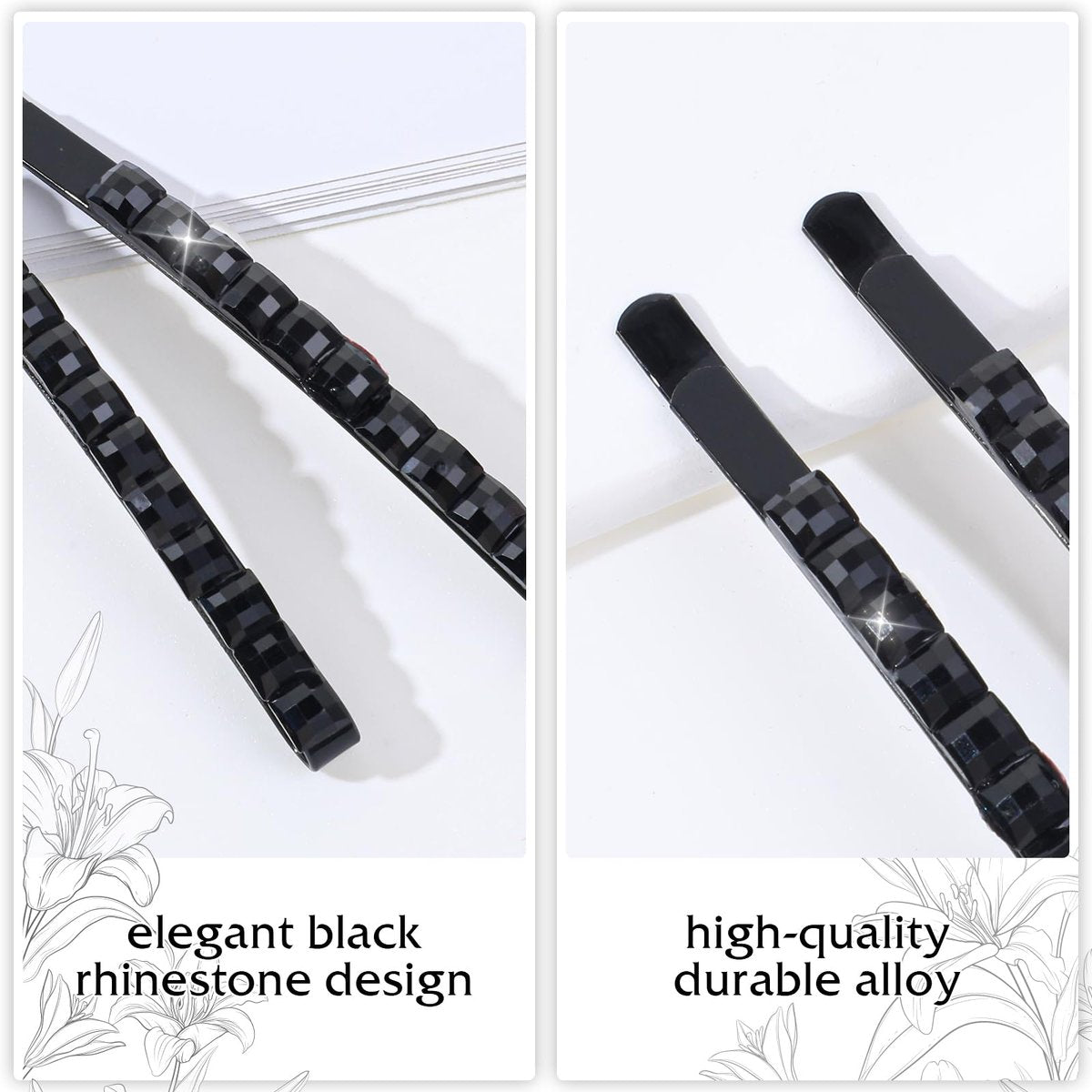 Andibro 20-Piece Black Rhinestone Bobby Pins - Shiny Crystal Diamond Hair Clips for Women, Metal Hair Accessories for Daily Use, Parties, Prom, Bridal Weddings - görsel 9