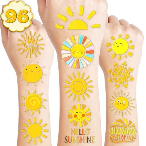 96 PCS Yellow Sun Pre-Cut Birthday Party Decorations Favors Supplies Gold Hippie Sun Smile You Are My Sunshine Decor Temporary Tattoos Stickers for Girls Boys Cute Gifts School Prizes Rewards - görsel 2
