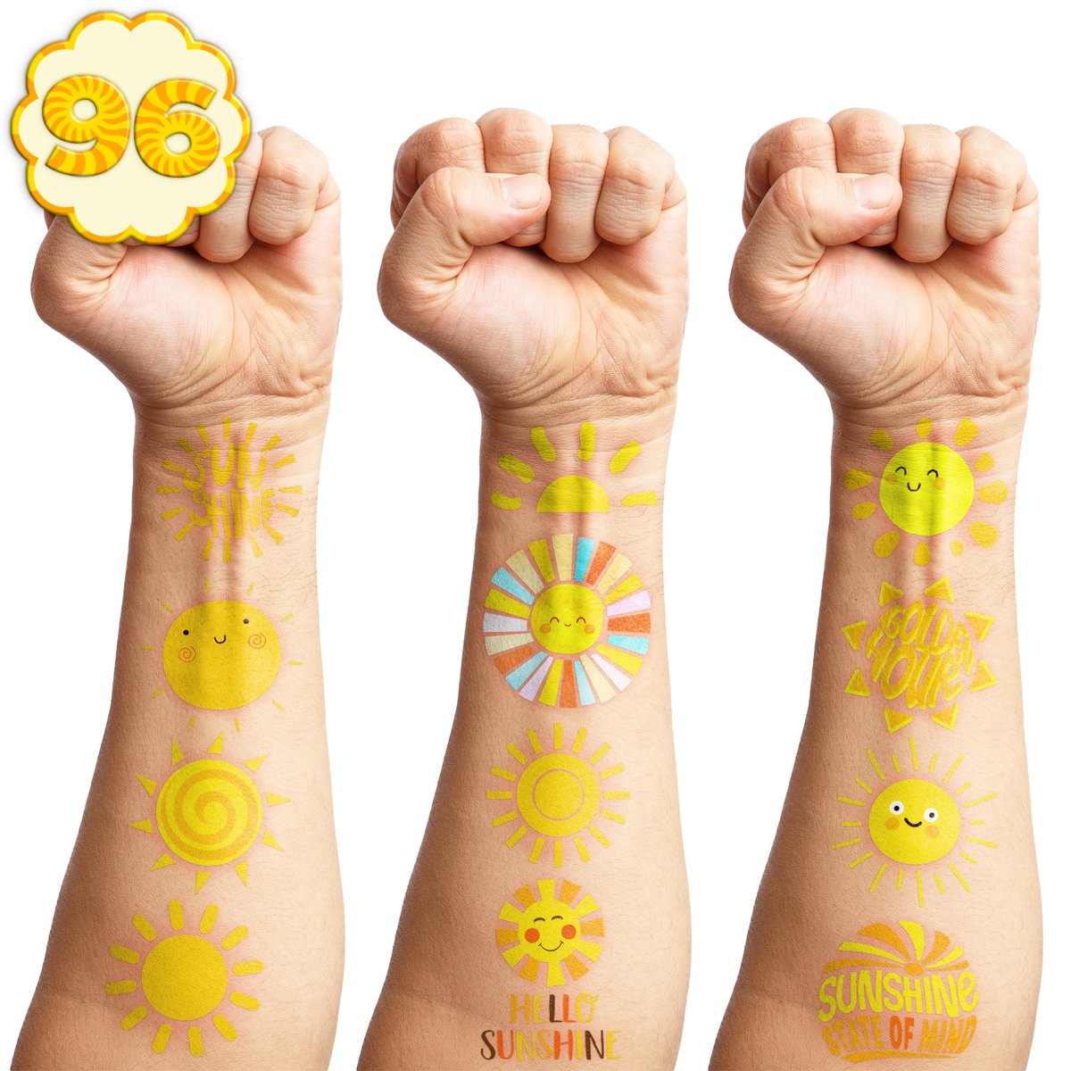 96 PCS Yellow Sun Pre-Cut Birthday Party Decorations Favors Supplies Gold Hippie Sun Smile You Are My Sunshine Decor Temporary Tattoos Stickers for Girls Boys Cute Gifts School Prizes Rewards - görsel 13