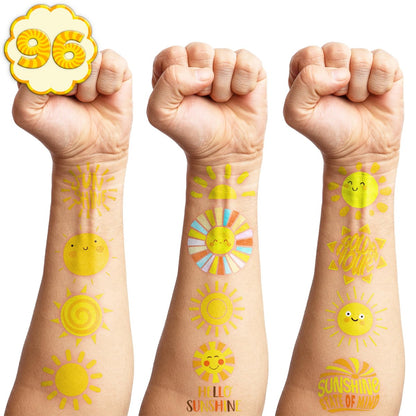 96 PCS Yellow Sun Pre-Cut Birthday Party Decorations Favors Supplies Gold Hippie Sun Smile You Are My Sunshine Decor Temporary Tattoos Stickers for Girls Boys Cute Gifts School Prizes Rewards