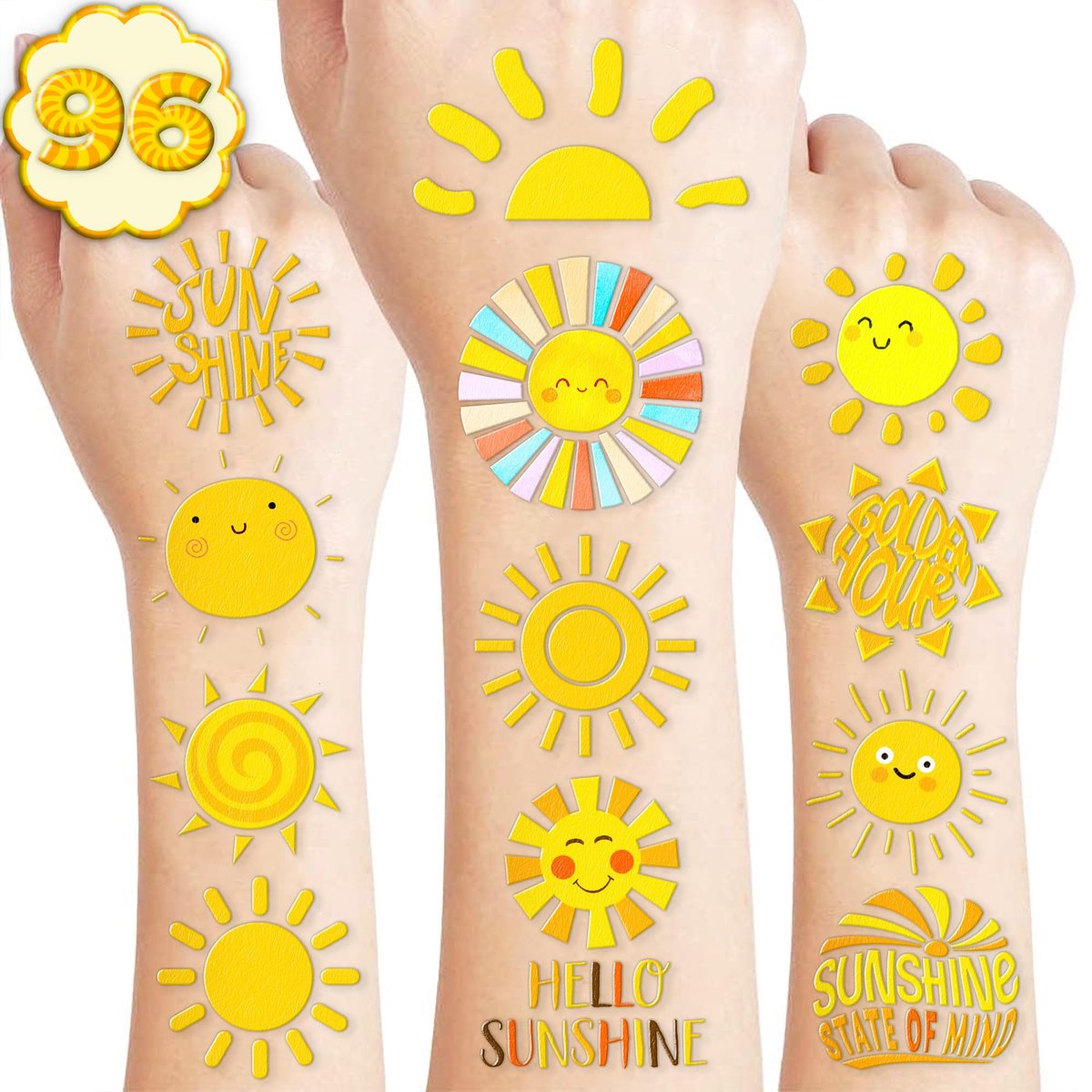 96 PCS Yellow Sun Pre-Cut Birthday Party Decorations Favors Supplies Gold Hippie Sun Smile You Are My Sunshine Decor Temporary Tattoos Stickers for Girls Boys Cute Gifts School Prizes Rewards - görsel 1