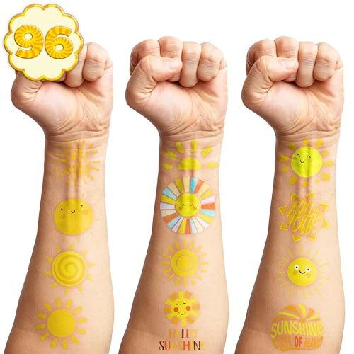 96 PCS Yellow Sun Pre-Cut Birthday Party Decorations Favors Supplies Gold Hippie Sun Smile You Are My Sunshine Decor Temporary Tattoos Stickers for Girls Boys Cute Gifts School Prizes Rewards - görsel 14