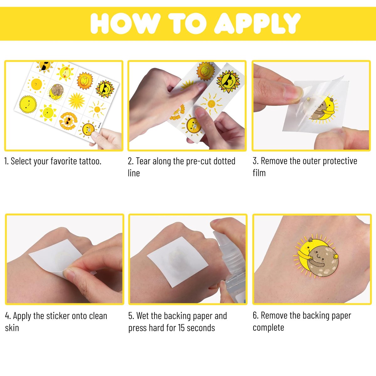 96 PCS Yellow Sun Pre-Cut Birthday Party Decorations Favors Supplies Gold Hippie Sun Smile You Are My Sunshine Decor Temporary Tattoos Stickers for Girls Boys Cute Gifts School Prizes Rewards - görsel 9