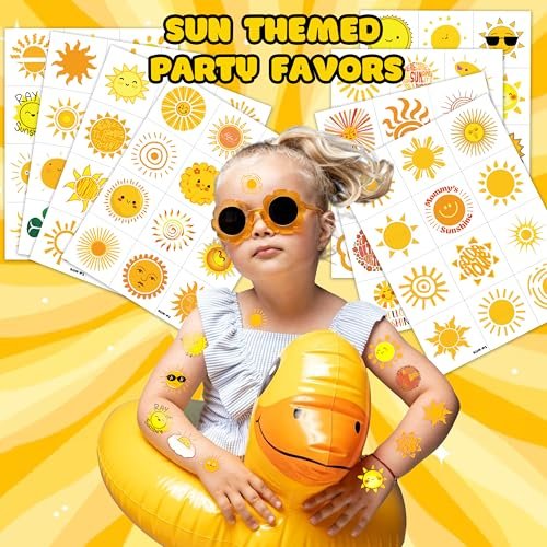 96 PCS Yellow Sun Pre-Cut Birthday Party Decorations Favors Supplies Gold Hippie Sun Smile You Are My Sunshine Decor Temporary Tattoos Stickers for Girls Boys Cute Gifts School Prizes Rewards - görsel 4
