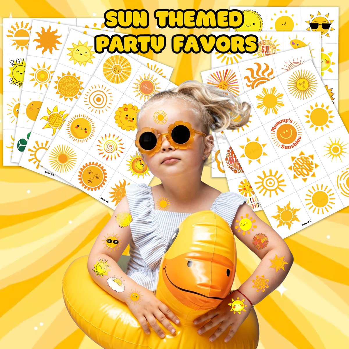 96 PCS Yellow Sun Pre-Cut Birthday Party Decorations Favors Supplies Gold Hippie Sun Smile You Are My Sunshine Decor Temporary Tattoos Stickers for Girls Boys Cute Gifts School Prizes Rewards - görsel 3