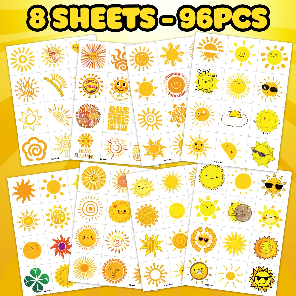 96 PCS Yellow Sun Pre-Cut Birthday Party Decorations Favors Supplies Gold Hippie Sun Smile You Are My Sunshine Decor Temporary Tattoos Stickers for Girls Boys Cute Gifts School Prizes Rewards - görsel 5