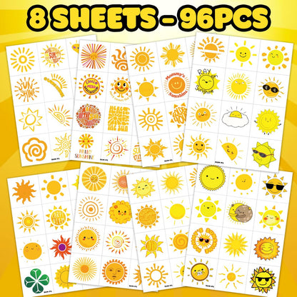 96 PCS Yellow Sun Pre-Cut Birthday Party Decorations Favors Supplies Gold Hippie Sun Smile You Are My Sunshine Decor Temporary Tattoos Stickers for Girls Boys Cute Gifts School Prizes Rewards