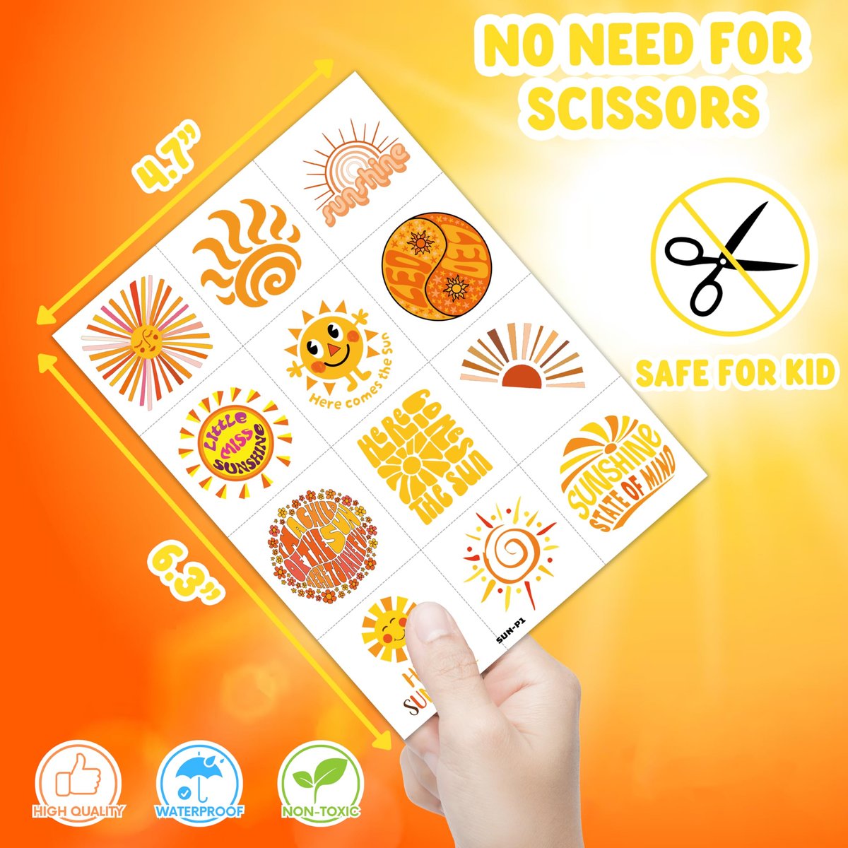 96 PCS Yellow Sun Pre-Cut Birthday Party Decorations Favors Supplies Gold Hippie Sun Smile You Are My Sunshine Decor Temporary Tattoos Stickers for Girls Boys Cute Gifts School Prizes Rewards - görsel 7