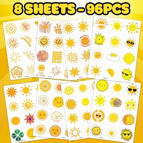 96 PCS Yellow Sun Pre-Cut Birthday Party Decorations Favors Supplies Gold Hippie Sun Smile You Are My Sunshine Decor Temporary Tattoos Stickers for Girls Boys Cute Gifts School Prizes Rewards - görsel 6